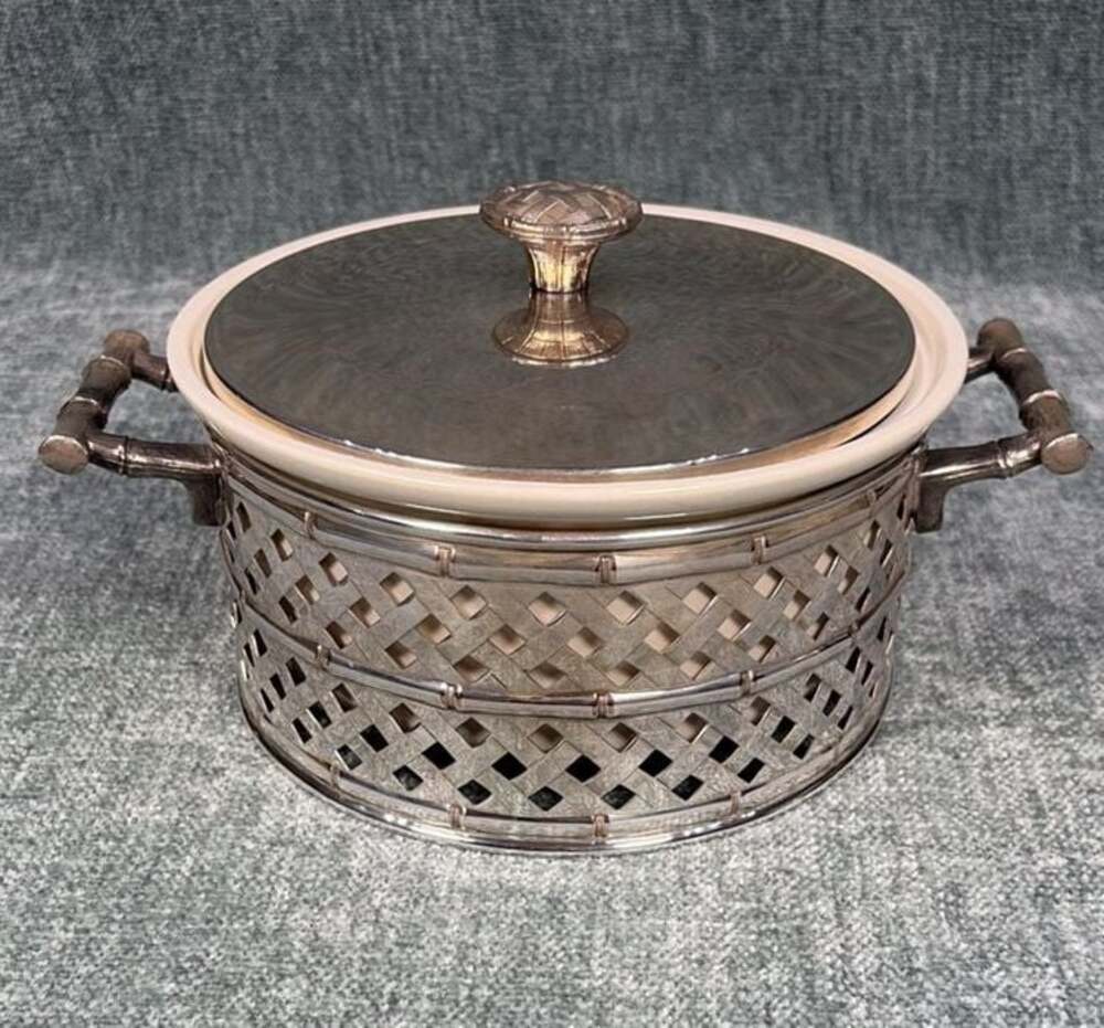 Vintage Hall Pottery Bamboo Lattice Silver Plate Casserole Dish Bowl Holder Lid